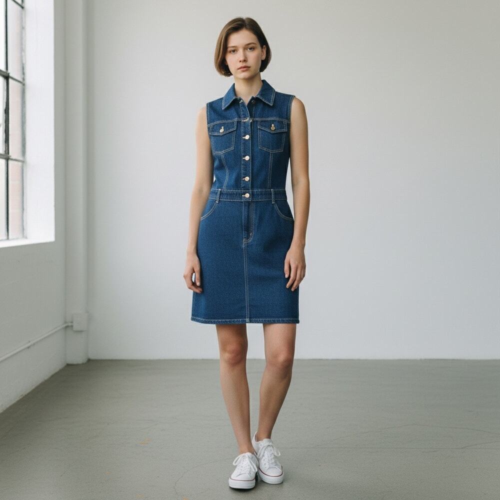 Monroe & Main women’s medium Sleeveless Stretch Denim Collar Button Down Dress - Picture 4 of 5